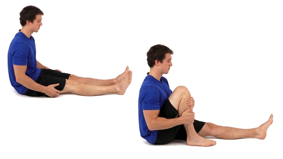 Person sitting on floor with legs out straight, then with one leg bent with knee to their chest, arms pulling it in.