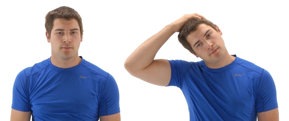 Person going from standing straight to pulling gently on their head to tilt it towards their shoulder.