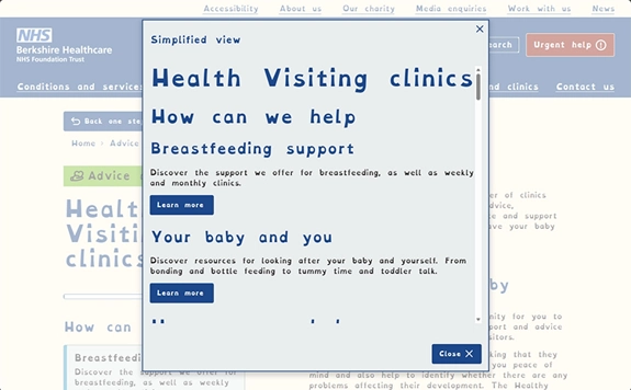 A desktop screenshot of the 'Health Visiting clinics' page on this website in a simplified view while also in dyslexic mode and high contrast